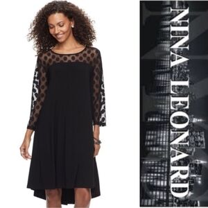 women's nina leonard mesh yoke trapeze dress Nina Leonard 3/4 Sleeve Trapeze Dress With Dot Illusion Yoke - Dresses & Skirts